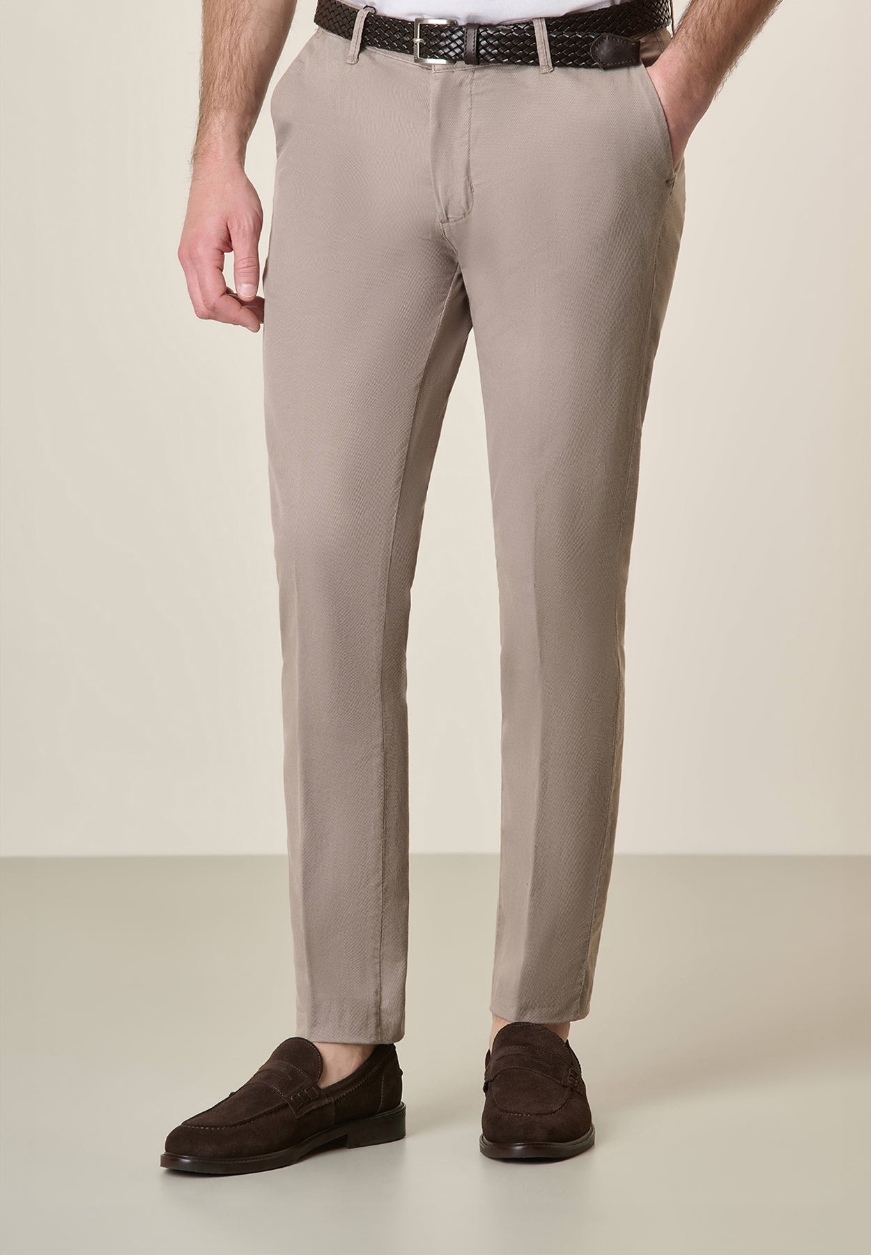 Slim Fit Mud-Colored Linen Blend Trousers