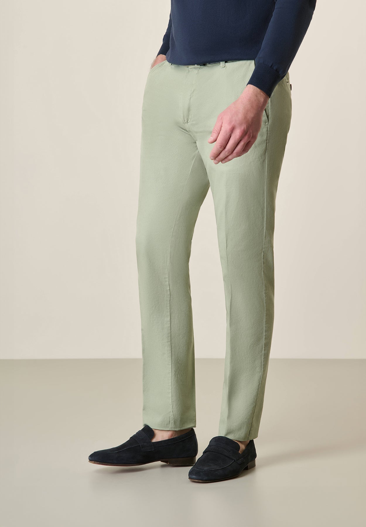 Slim-Fit Light Green Linen Blend Trousers