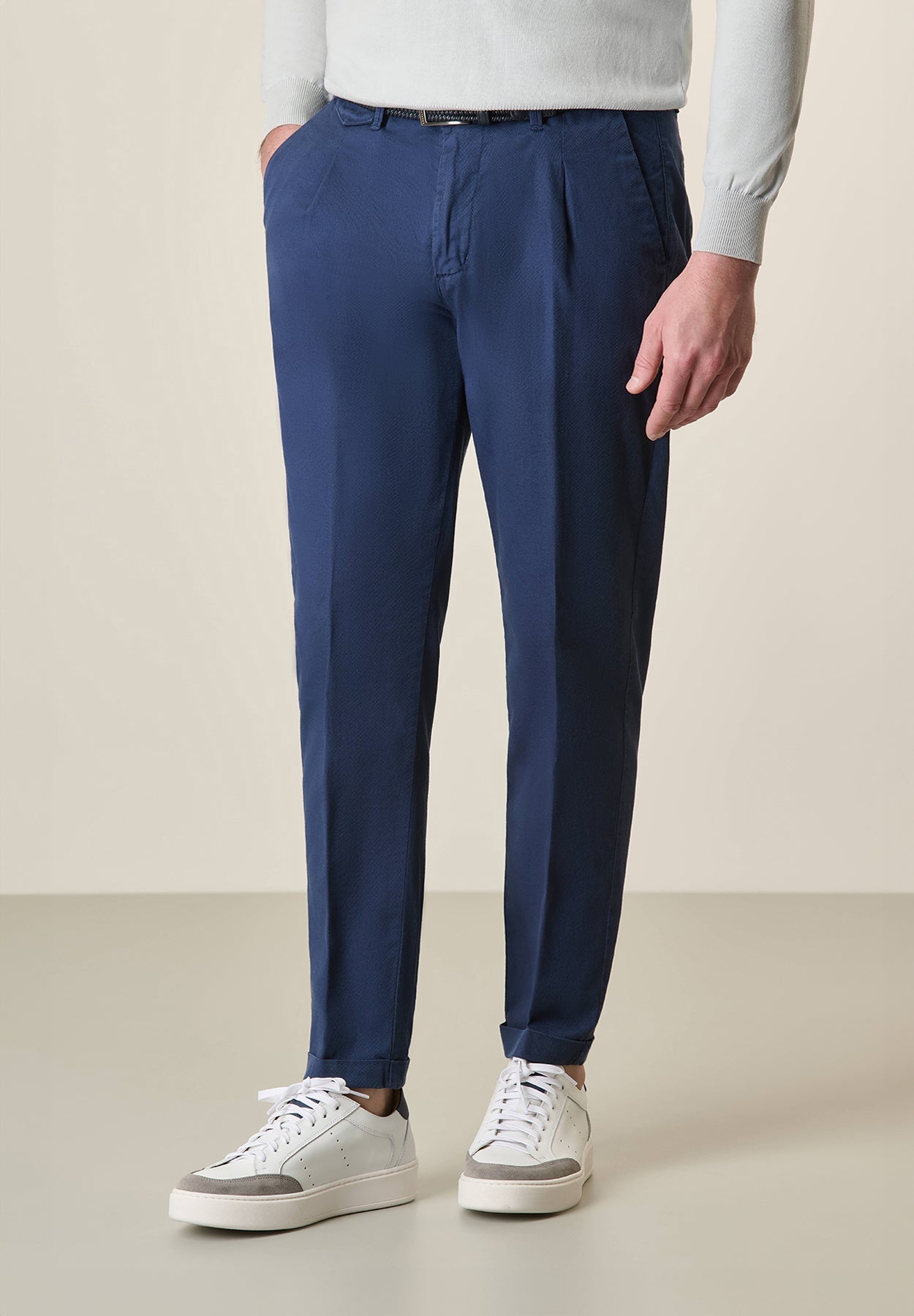 Slim-Fit Stretch Cotton-Linen Blue Trousers