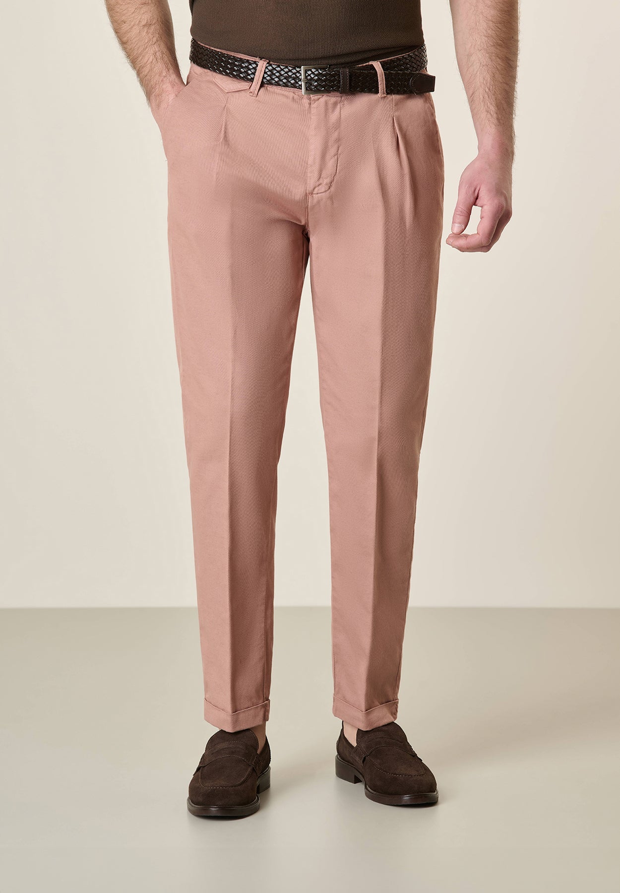 Antique Pink Stretch Cotton-Linen Slim-Fit Trousers