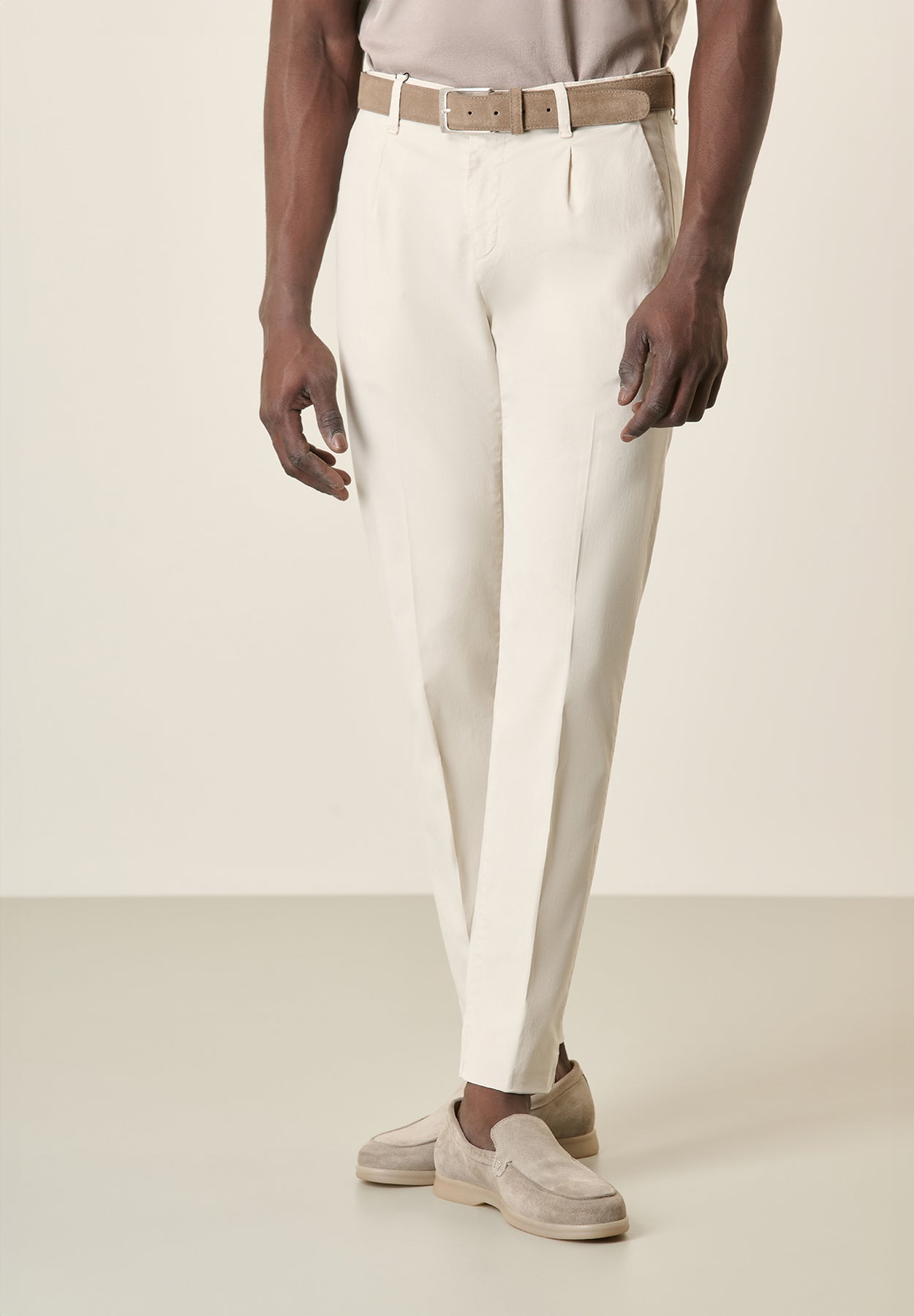 Cream Pleated Trousers In Tencel Cotton, Slim Fit