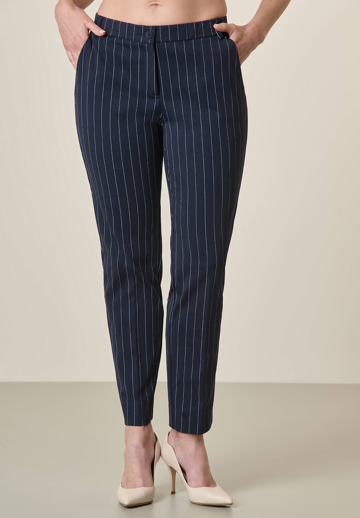 Blue Pinstriped Trousers With Milanese Stitch And Cotton Blend