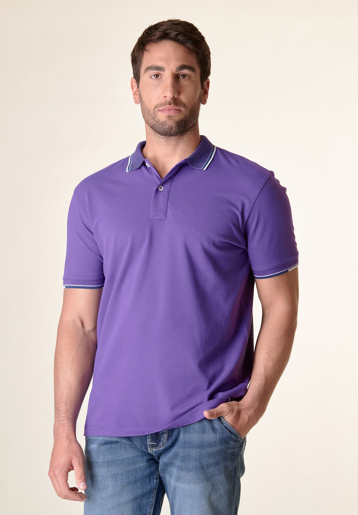Polo viola cotone colletto jacquard-Angelico