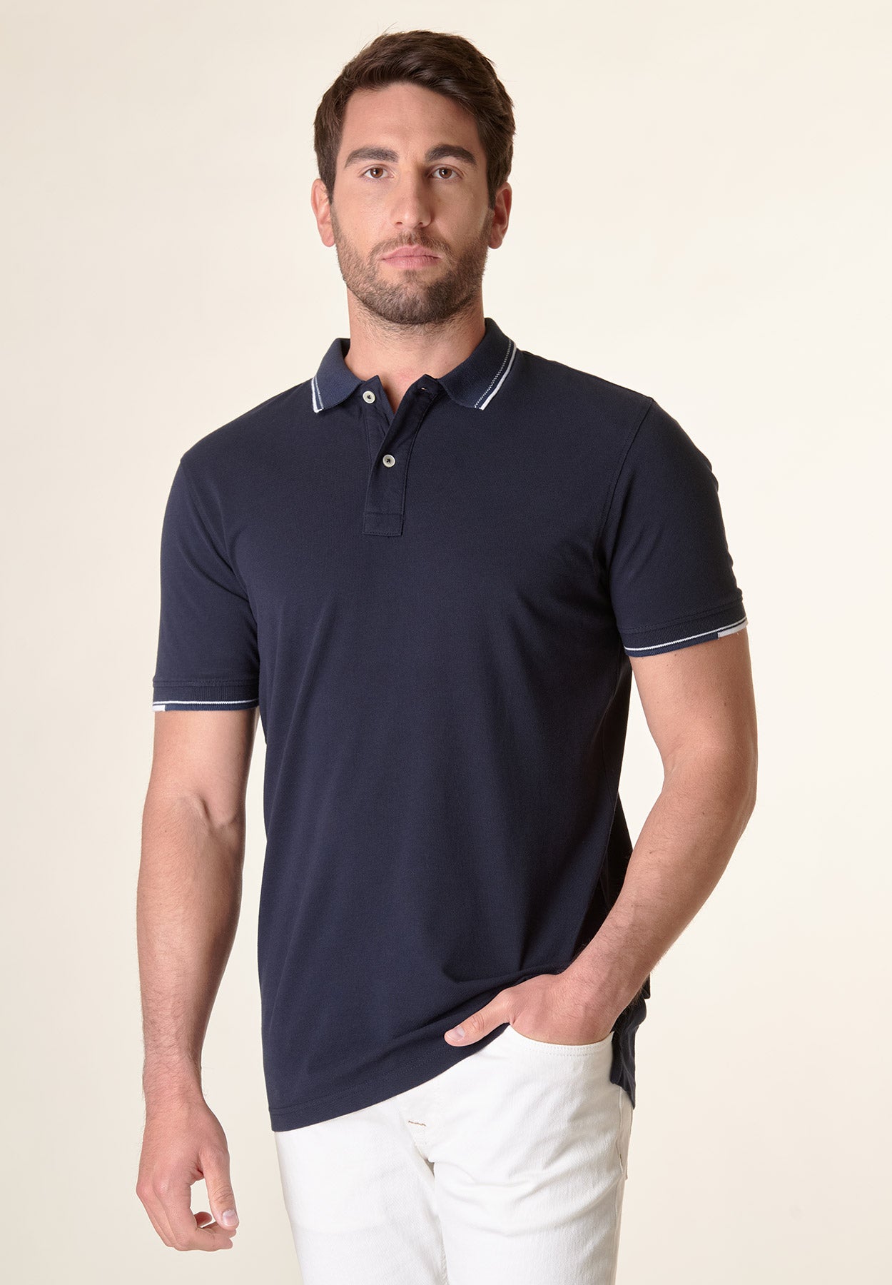 Polo blu cotone colletto jacquard-Angelico