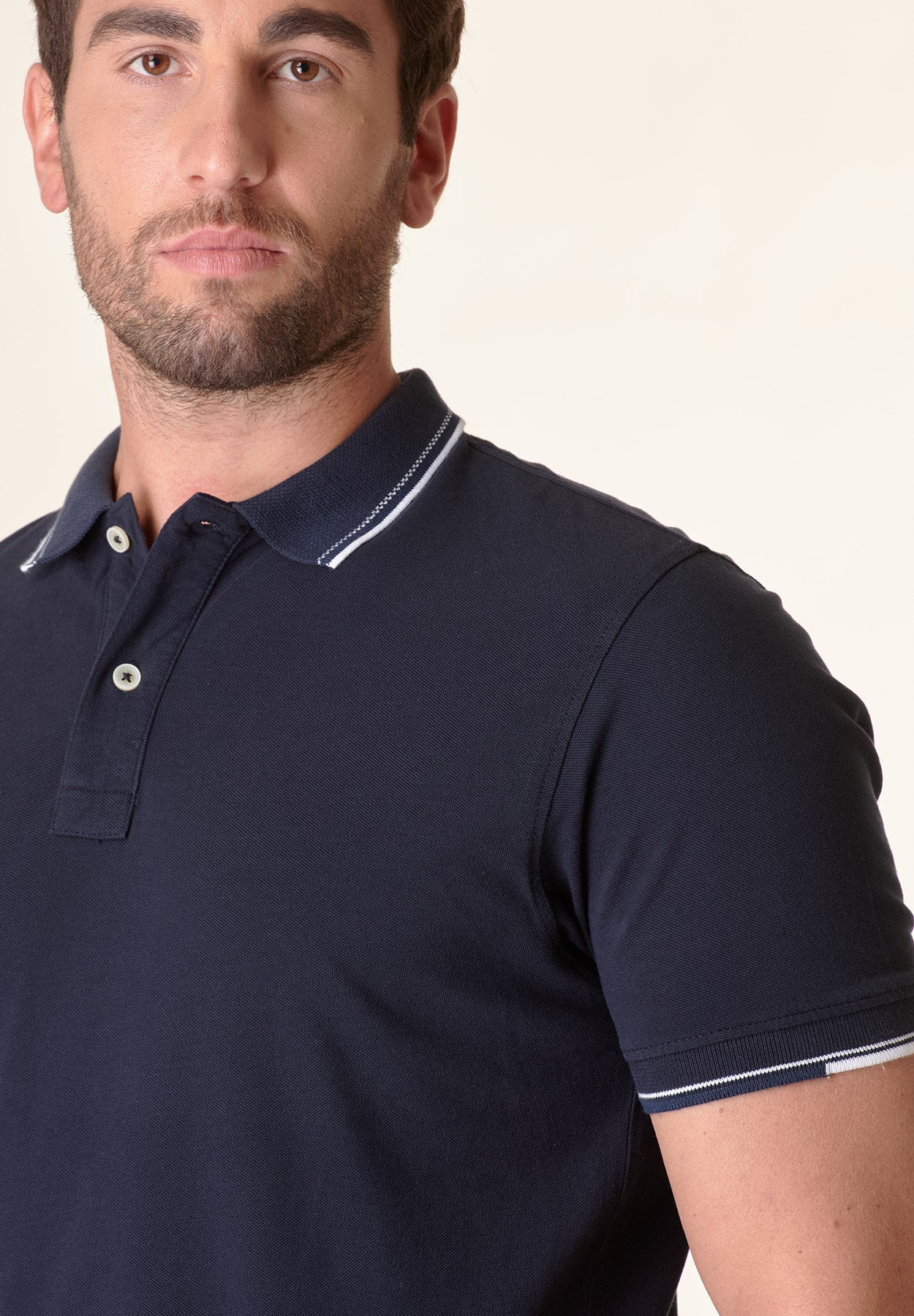 Polo blu cotone colletto jacquard-Angelico