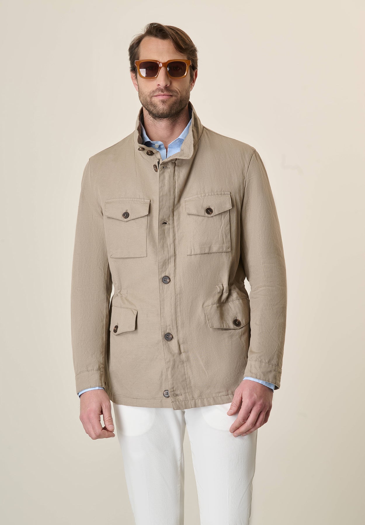Beige Linen And Cotton Safari Jacket