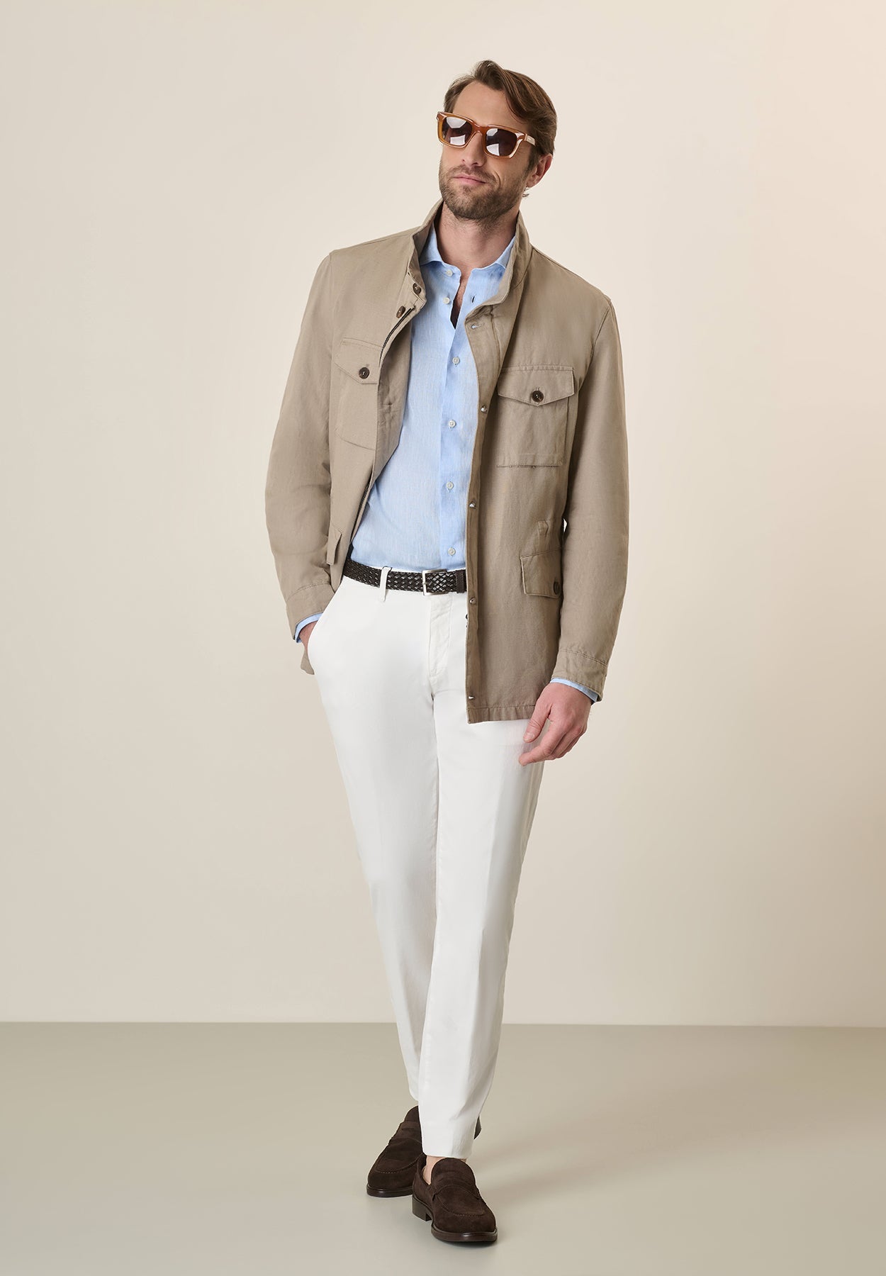 Beige Linen And Cotton Safari Jacket