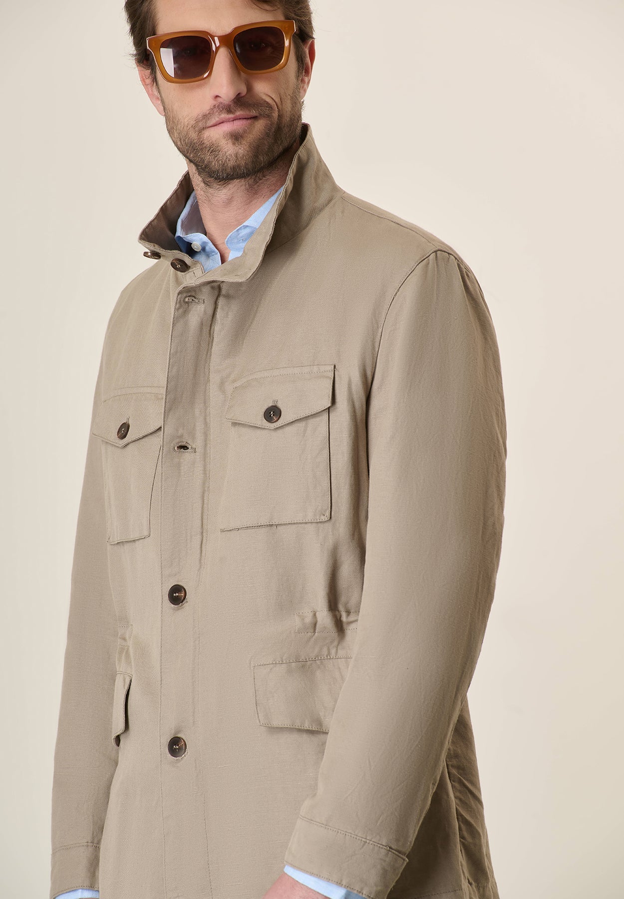 Beige Linen And Cotton Safari Jacket