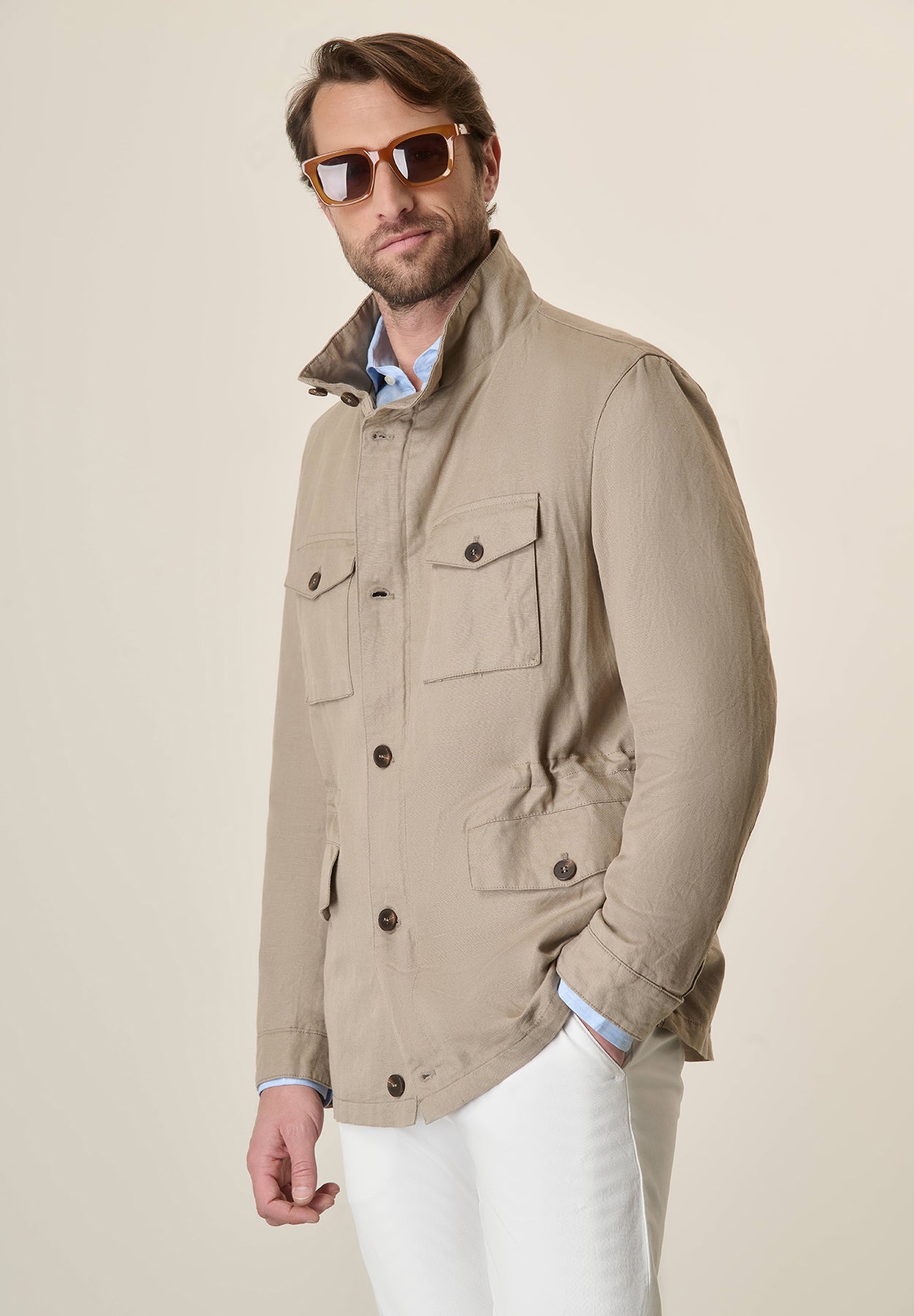 Beige Linen And Cotton Safari Jacket