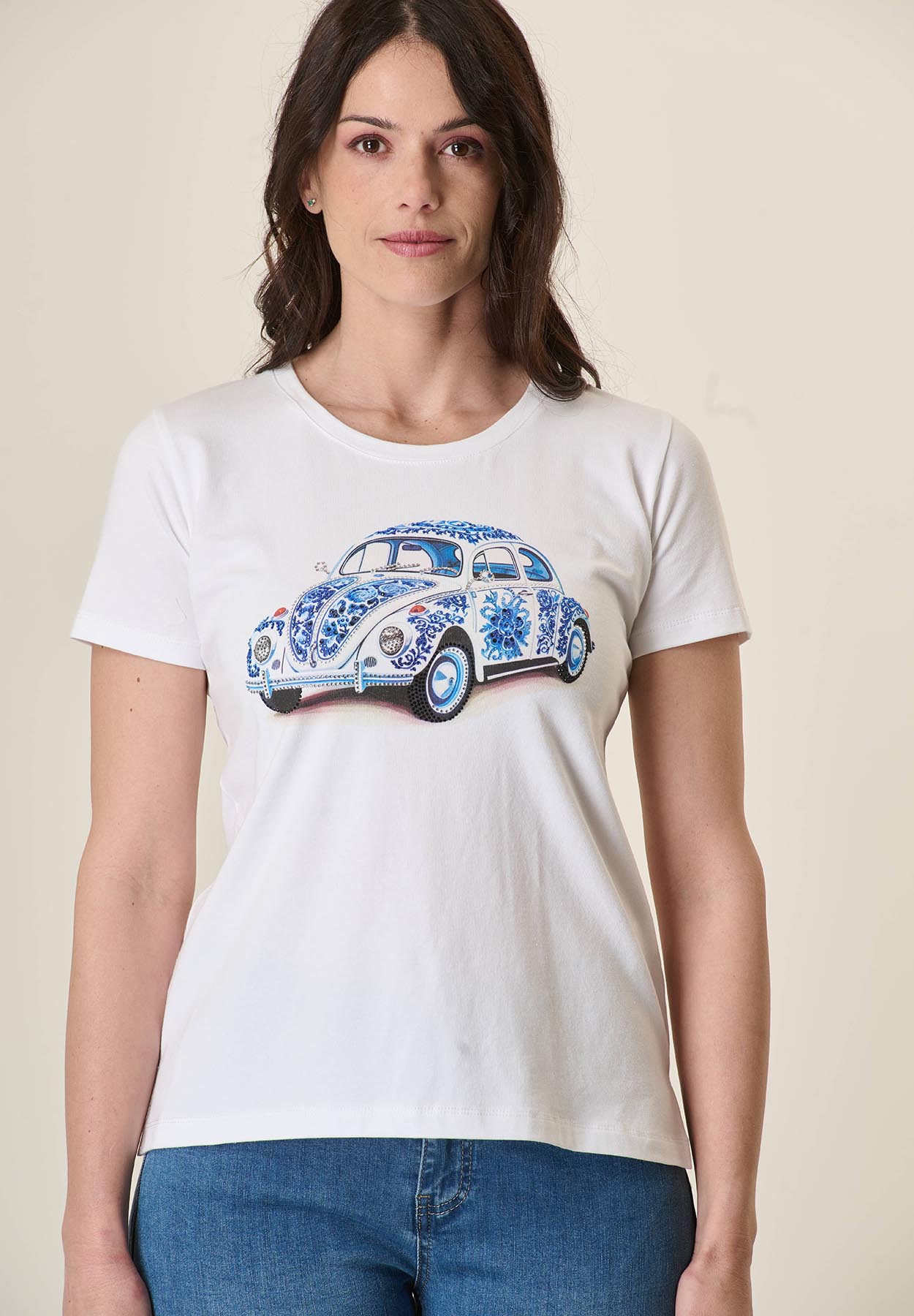 White T-Shirt With Machine Print And Stretch Cotton