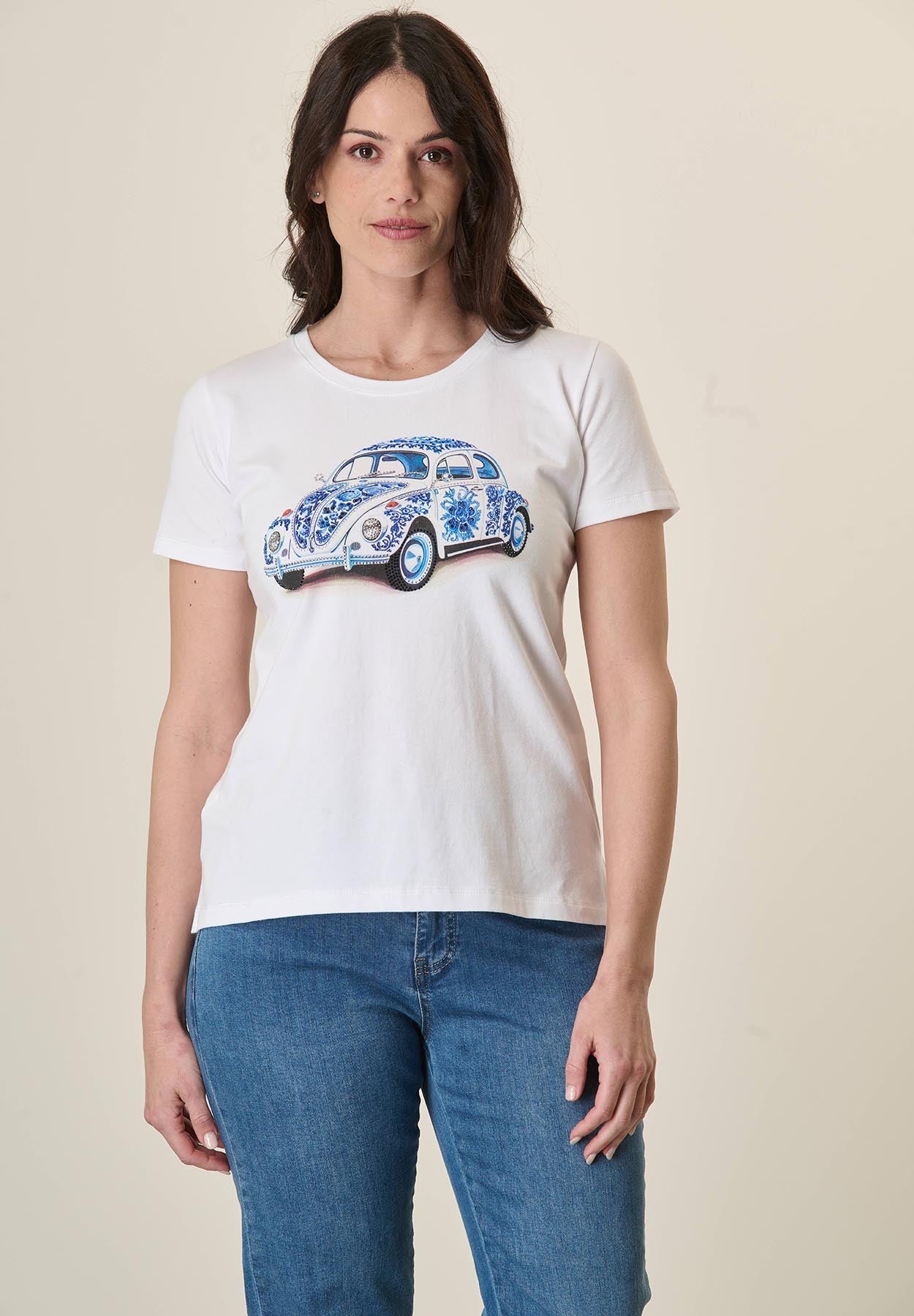 White T-Shirt With Machine Print And Stretch Cotton