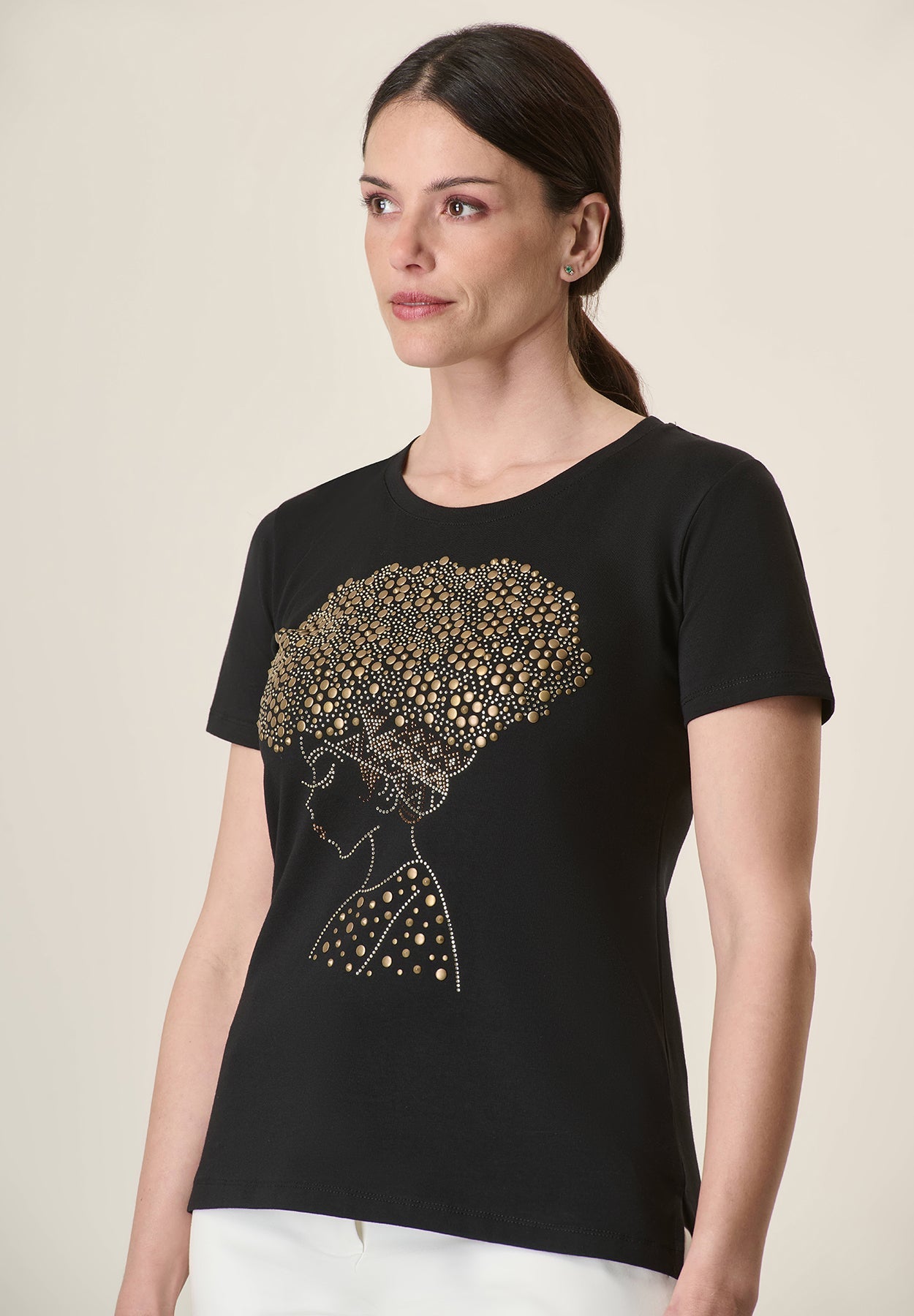 Black T-Shirt With Gold Studs In Stretch Cotton