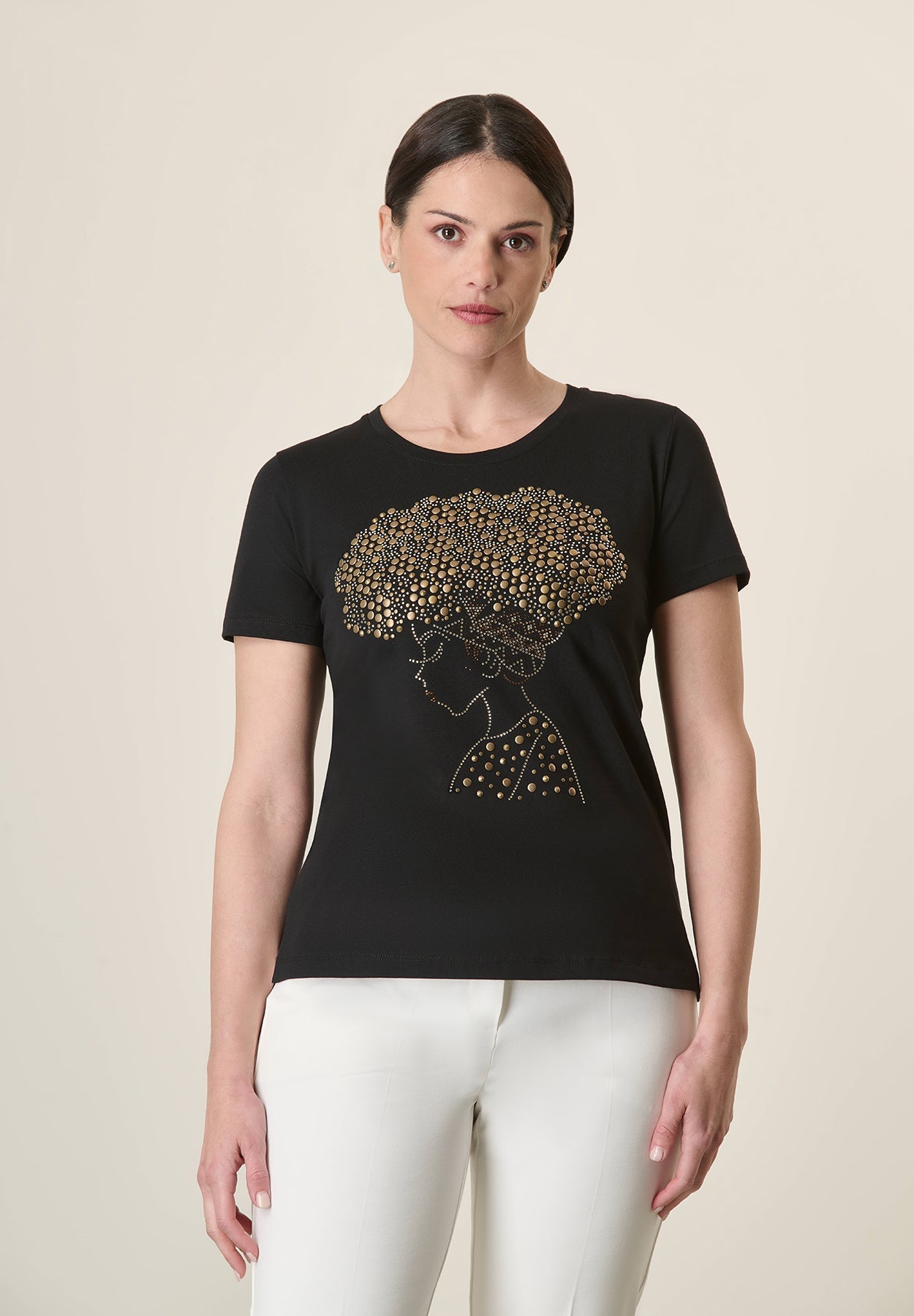 Black T-Shirt With Gold Studs In Stretch Cotton