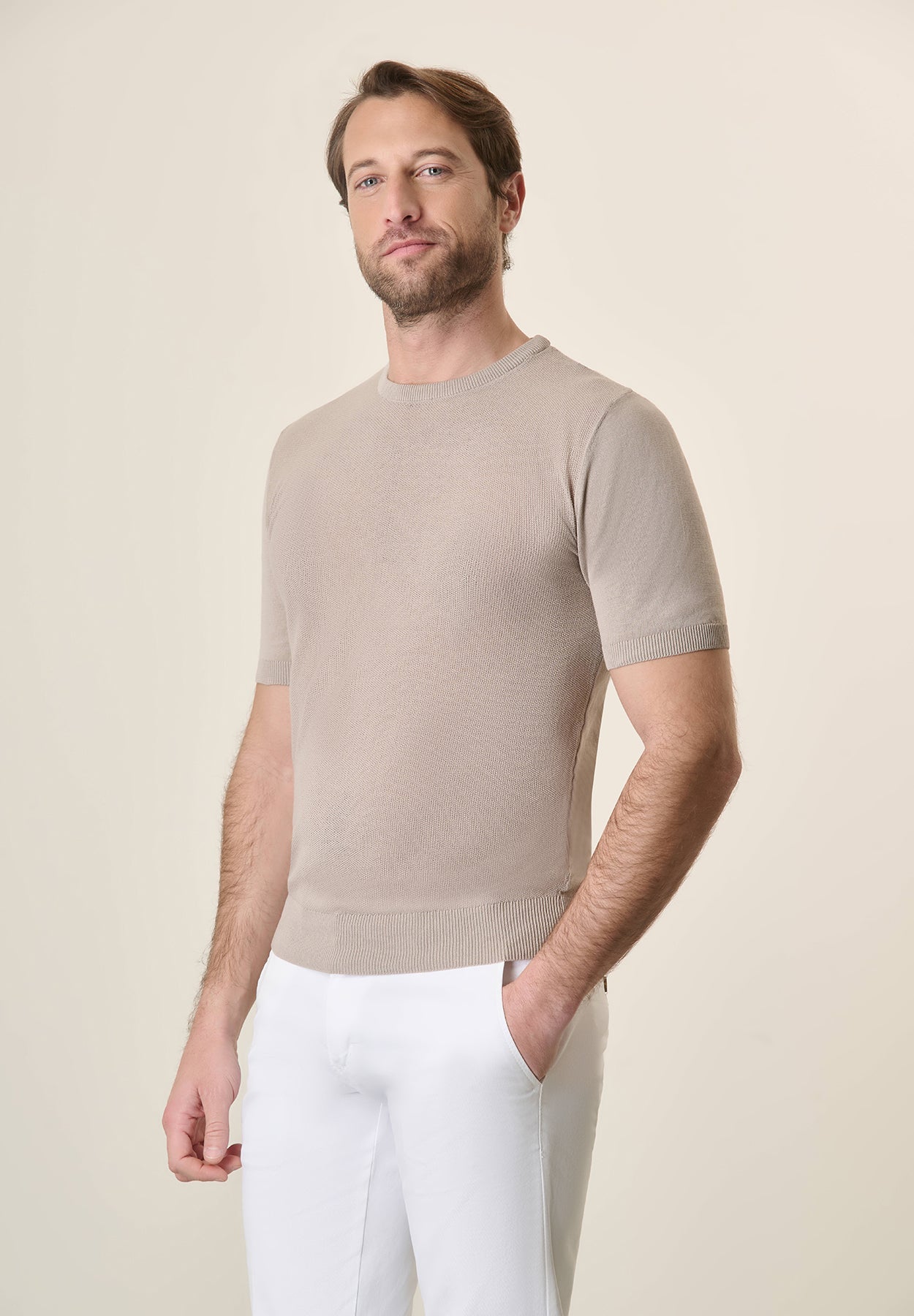 Beige Rice Grain Crepe Cotton T-Shirt