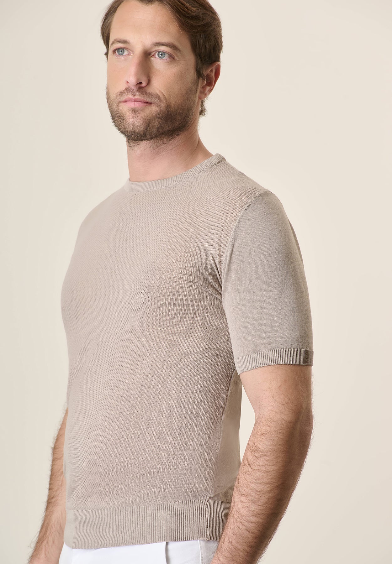 Beige Rice Grain Crepe Cotton T-Shirt