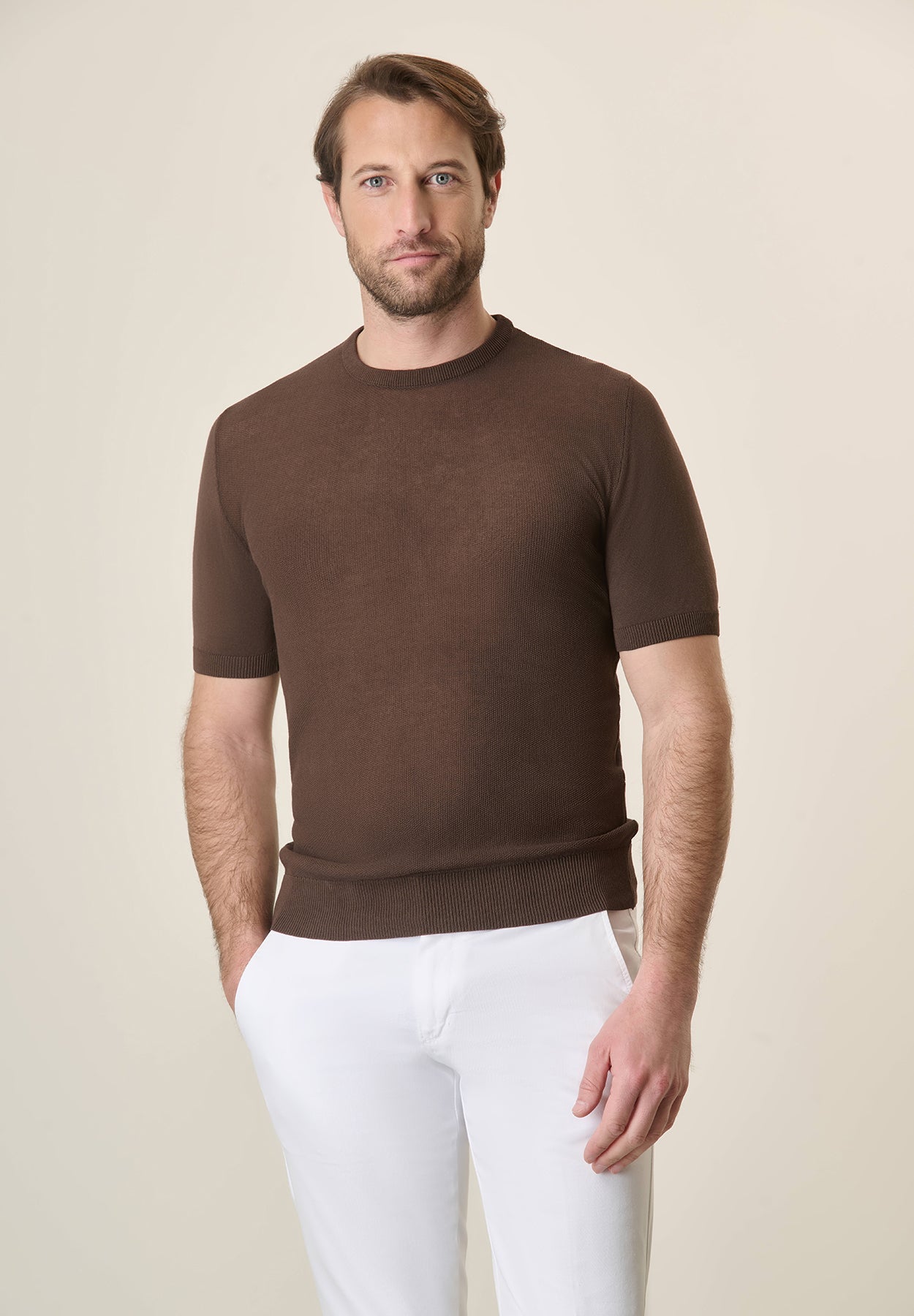 Dark Brown Rice Grain Crepe Cotton T-Shirt