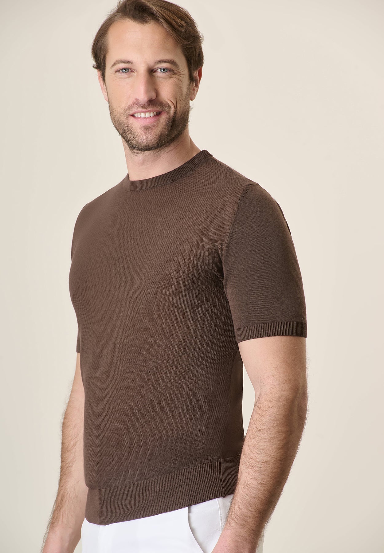 Dark Brown Rice Grain Crepe Cotton T-Shirt