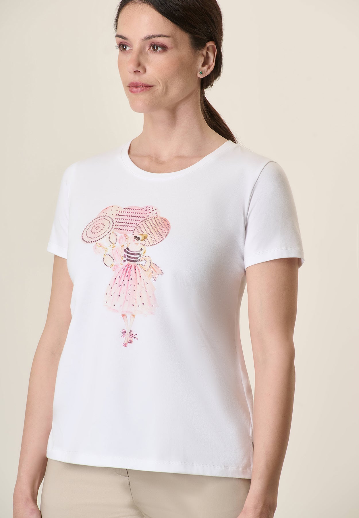 White T-Shirt With Pink Print, Stretch Cotton