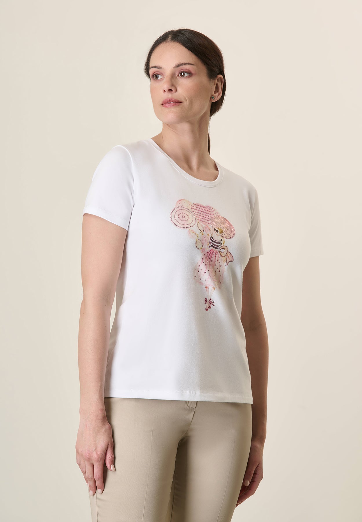 White T-Shirt With Pink Print, Stretch Cotton