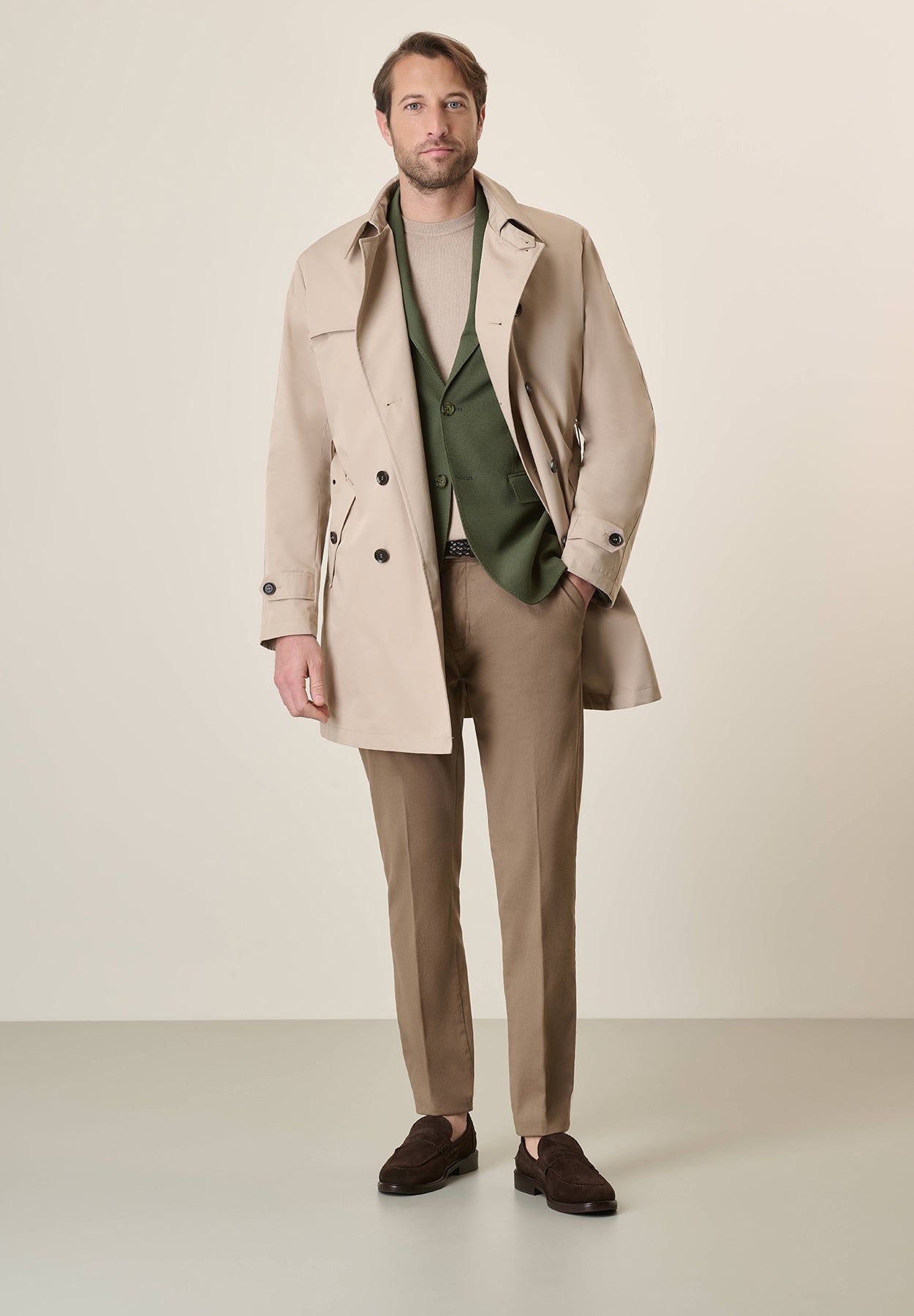 Beige Double-Breasted Waterproof Trench Coat With Belt