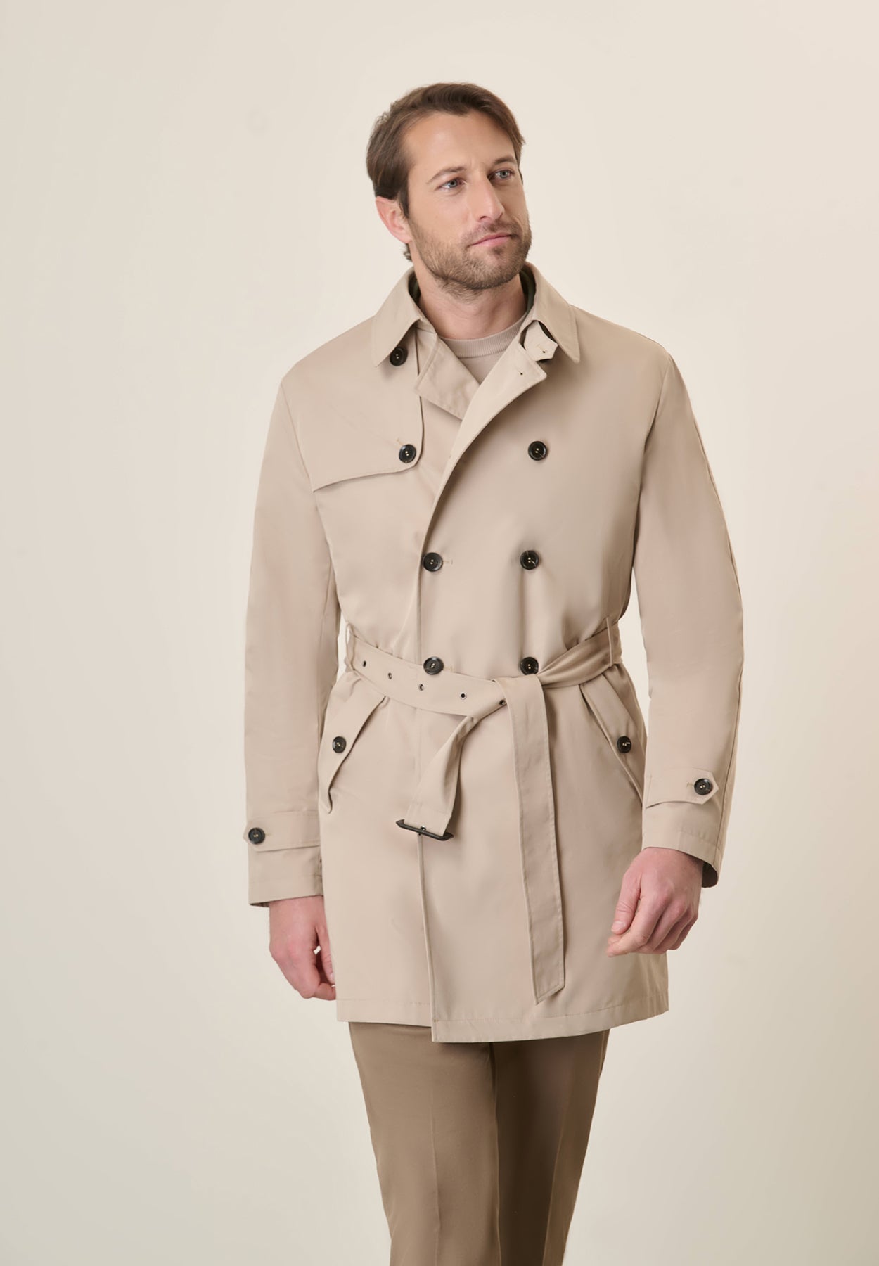 Beige Double-Breasted Waterproof Trench Coat With Belt