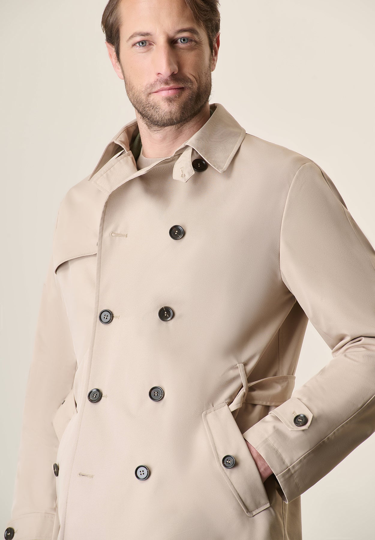 Beige Double-Breasted Waterproof Trench Coat With Belt