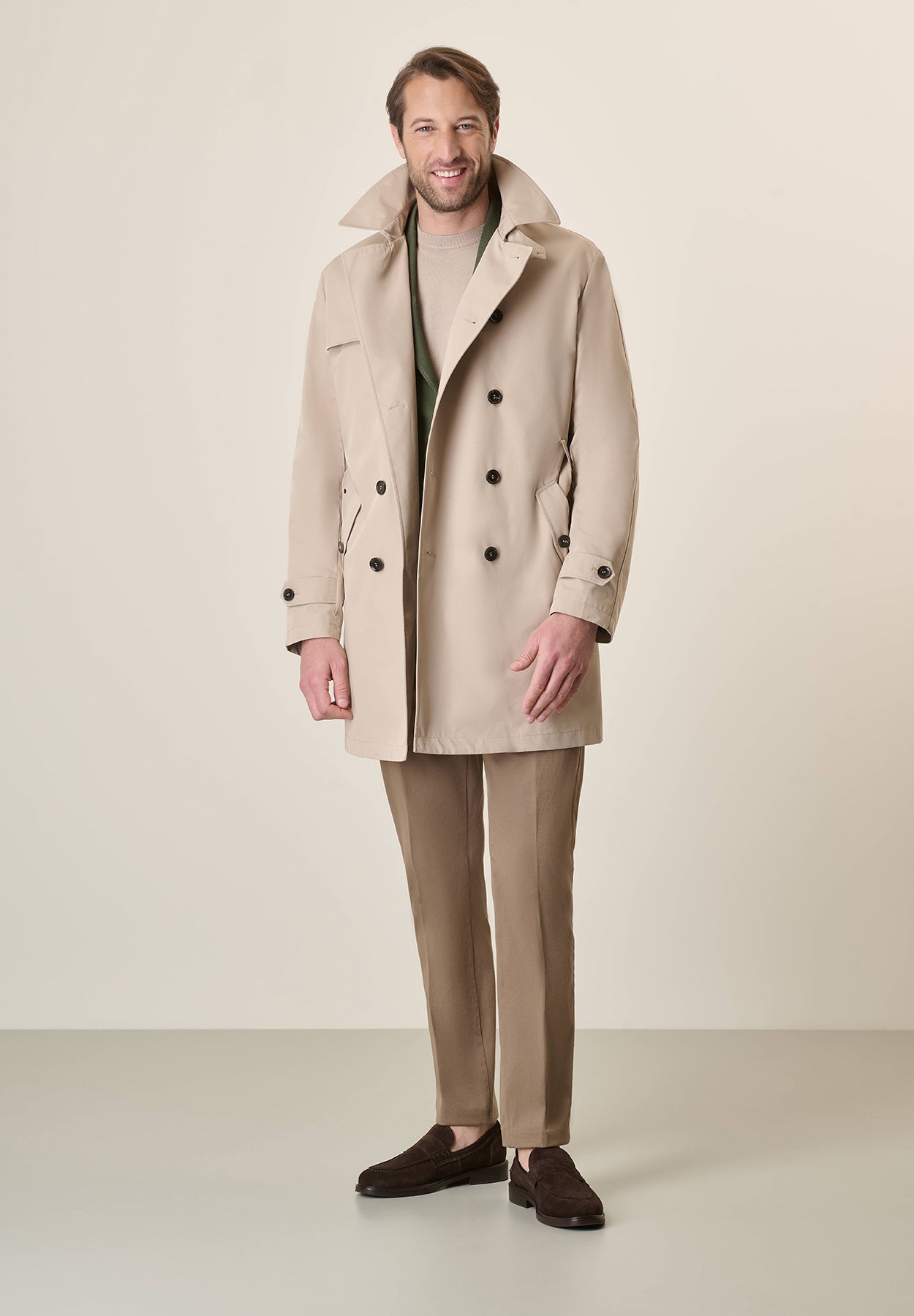 Beige Double-Breasted Waterproof Trench Coat With Belt