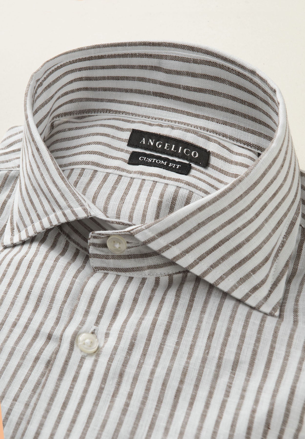 White Shirt With Dark Brown Stripes And A Linen Blend, Custom Fit