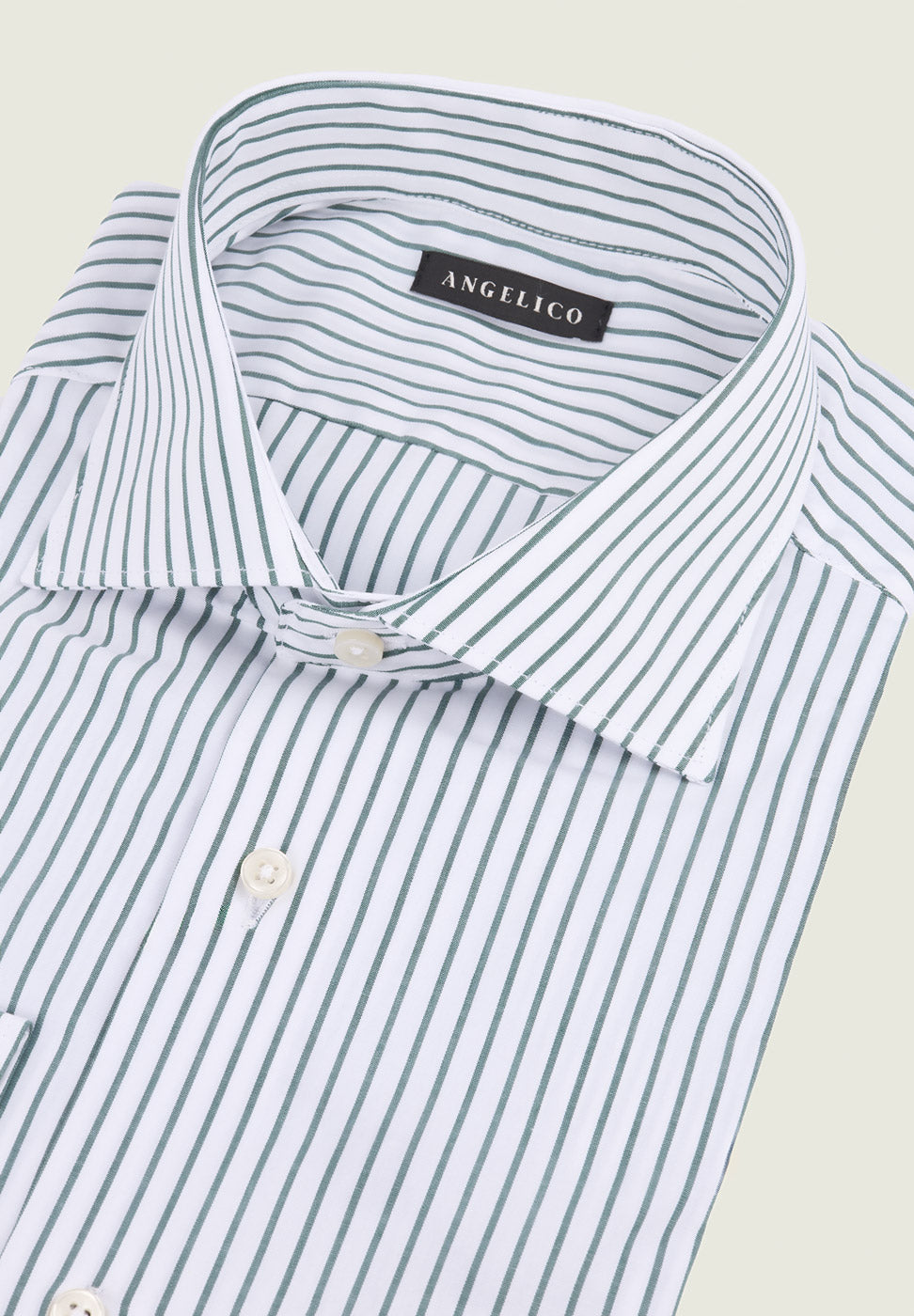 Slim Fit White And Green Striped Cotton Shirt