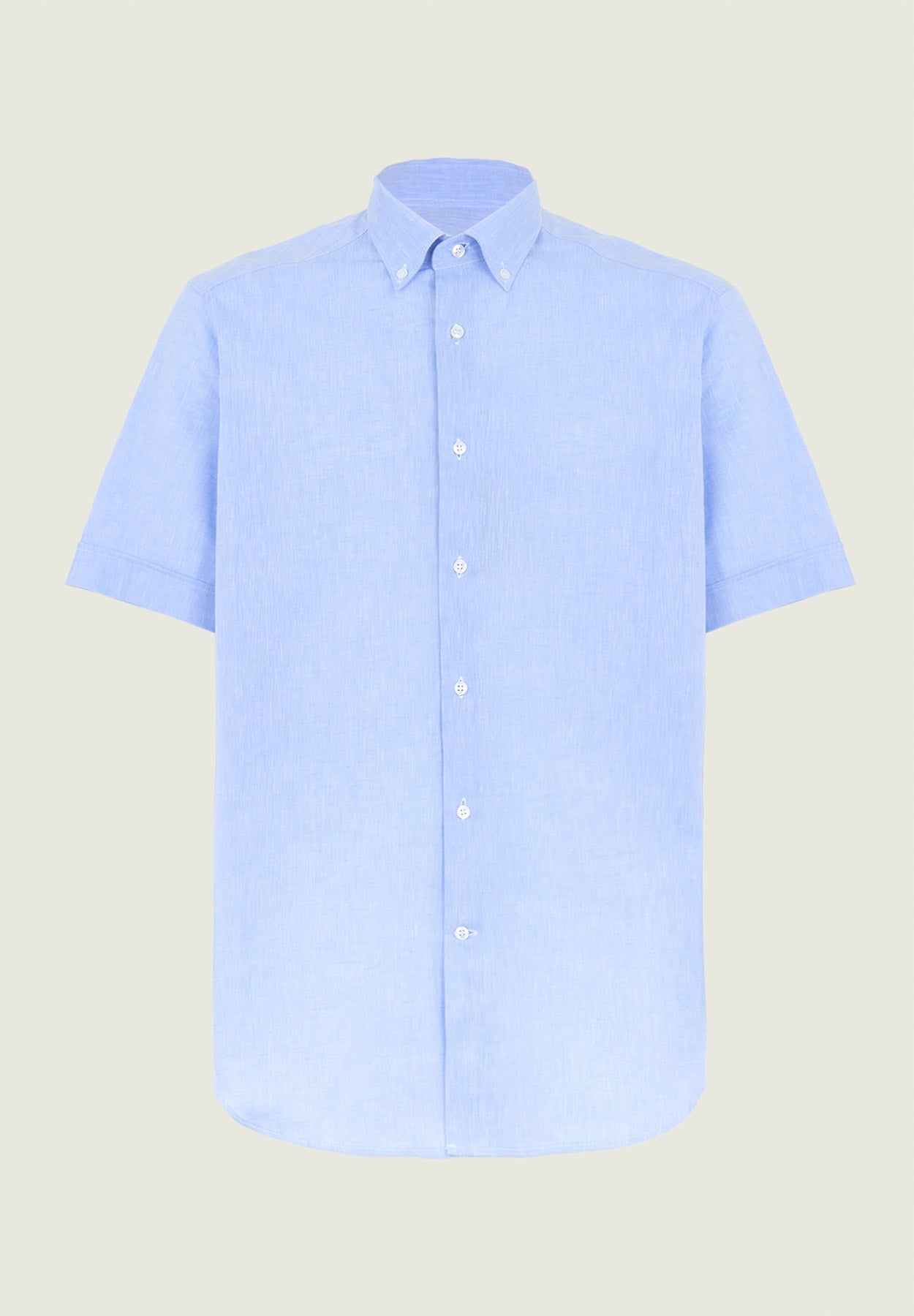 Light Blue Short-Sleeved Linen Blend Regular-Fit Button-Down Shirt