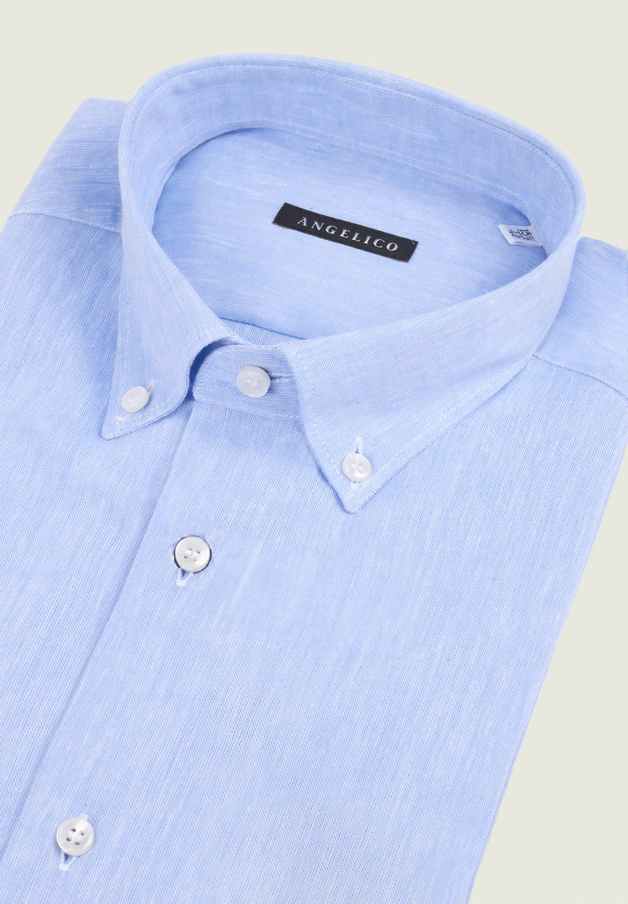 Light Blue Short-Sleeved Linen Blend Regular-Fit Button-Down Shirt