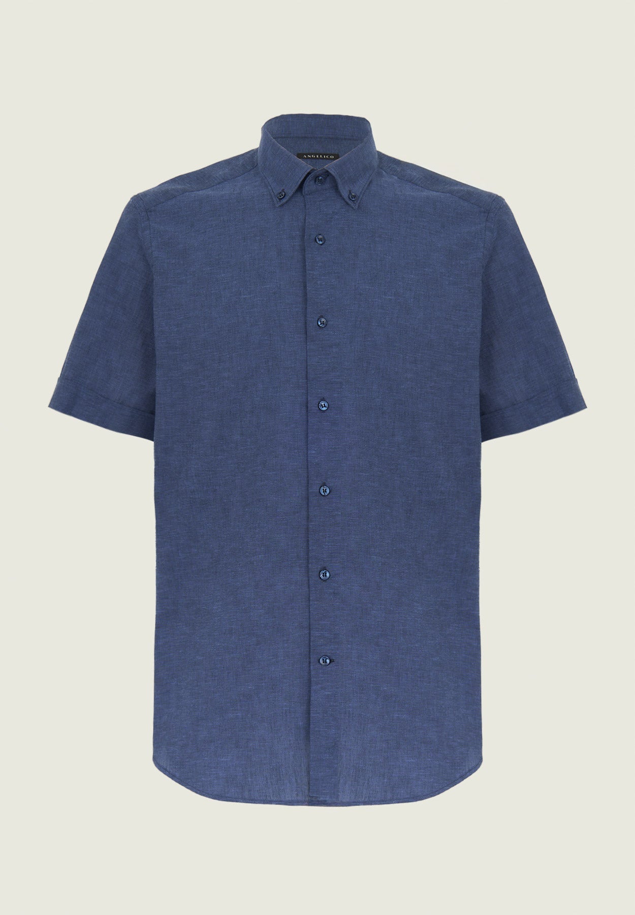 Regular-Fit, Button-Down, Short-Sleeved, Linen-Blend Blue Shirt