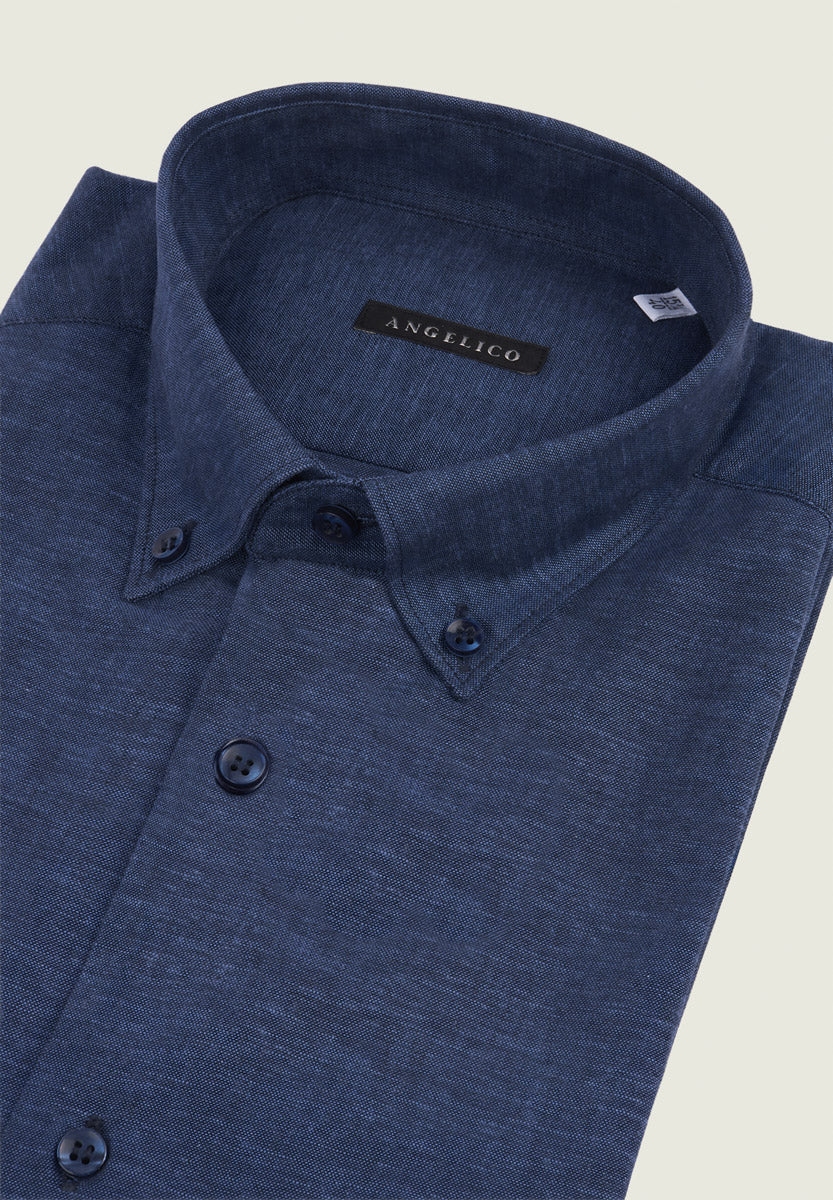 Regular-Fit, Button-Down, Short-Sleeved, Linen-Blend Blue Shirt