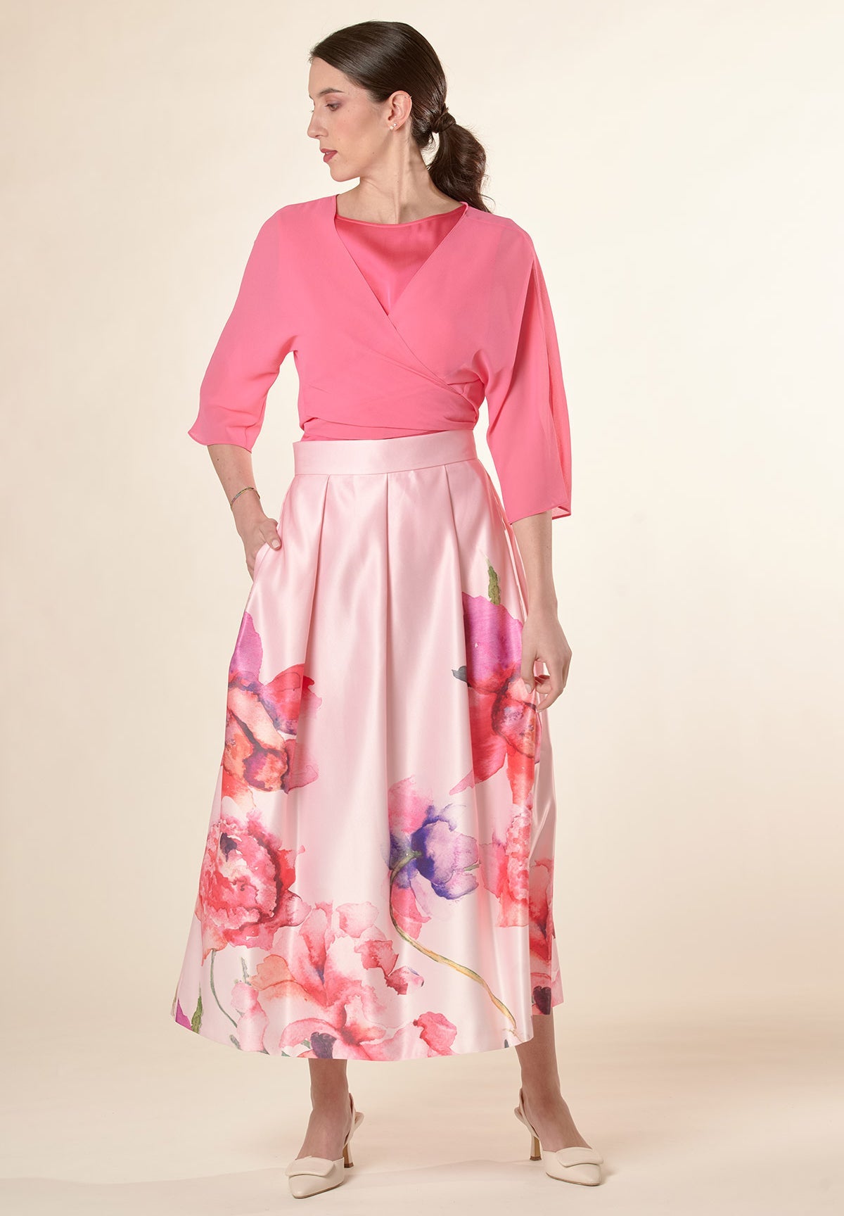 Gonna rosa fantasia fiori pieghe-Angelico