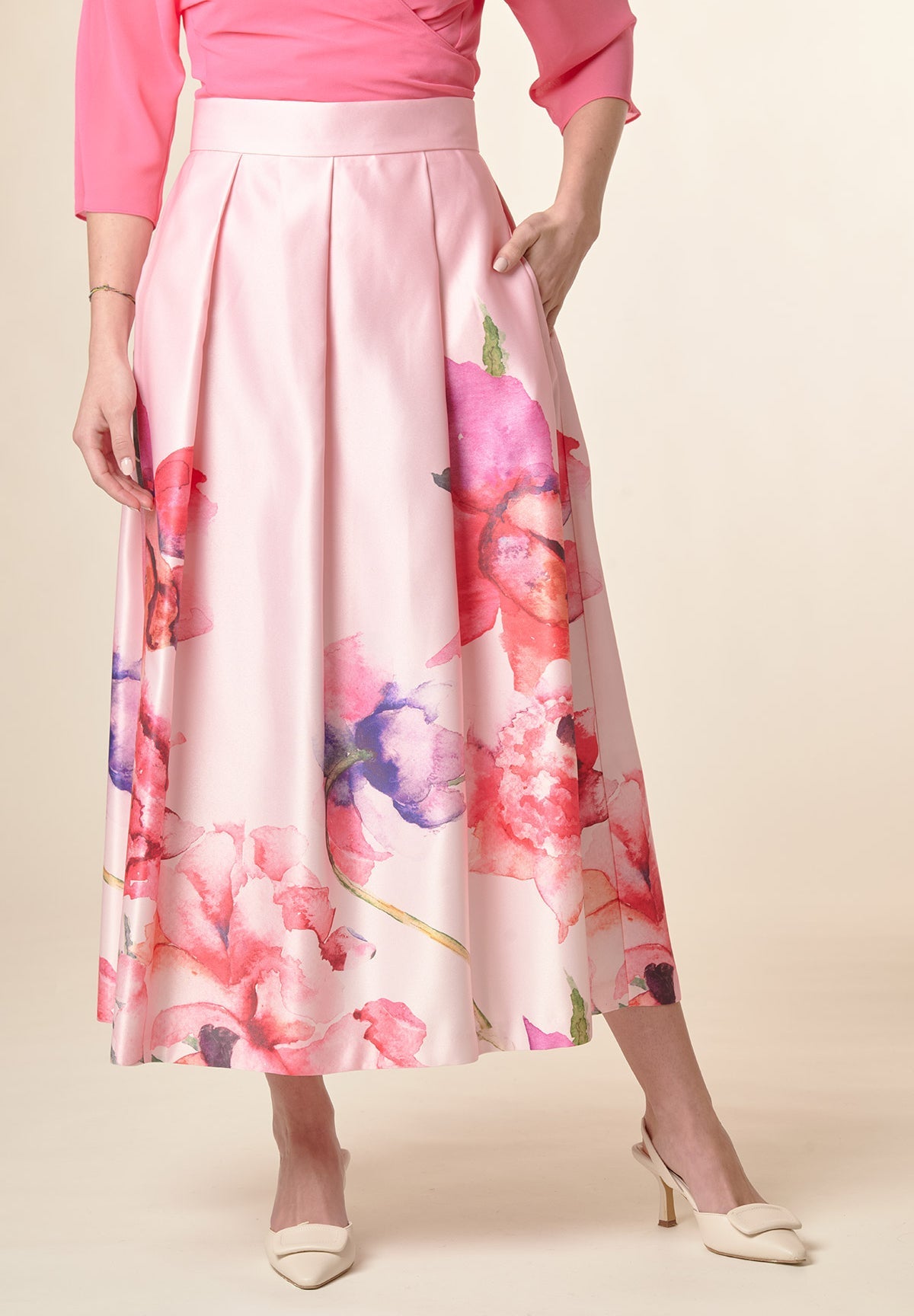 Gonna rosa fantasia fiori pieghe-Angelico
