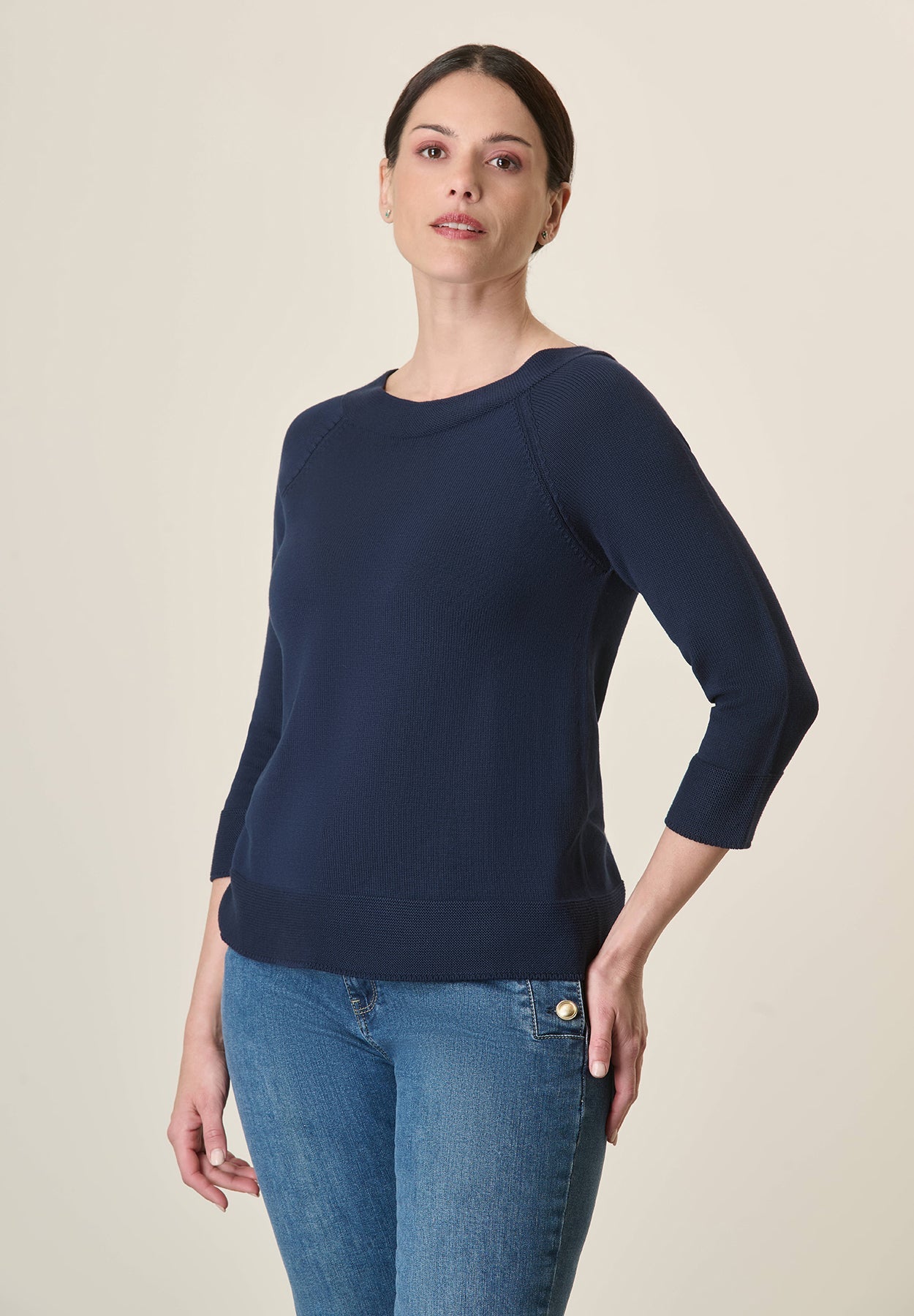 Blue Cotton Boat Neck Sweater