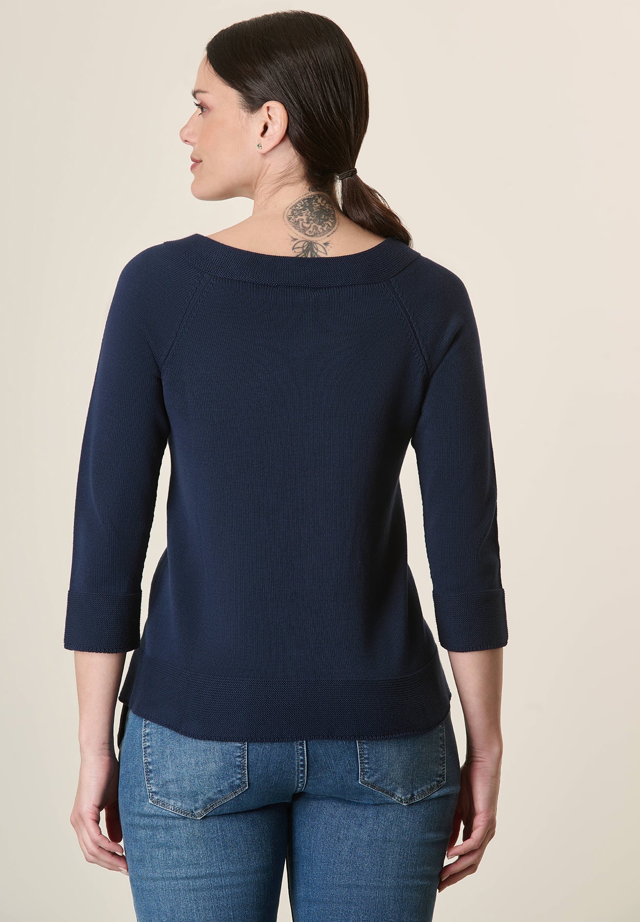 Blue Cotton Boat Neck Sweater