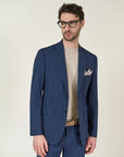 Custom fit blue pinstriped wool canvas suit