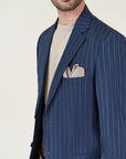 Custom fit blue pinstriped wool canvas suit
