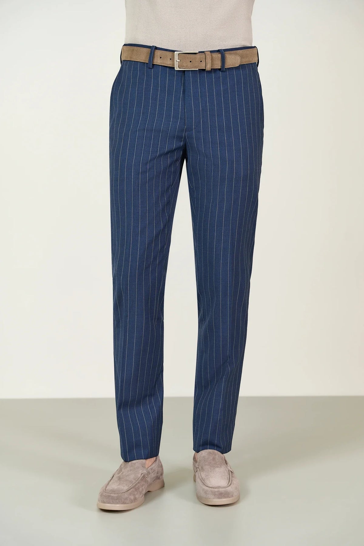 Custom fit blue pinstriped wool canvas suit