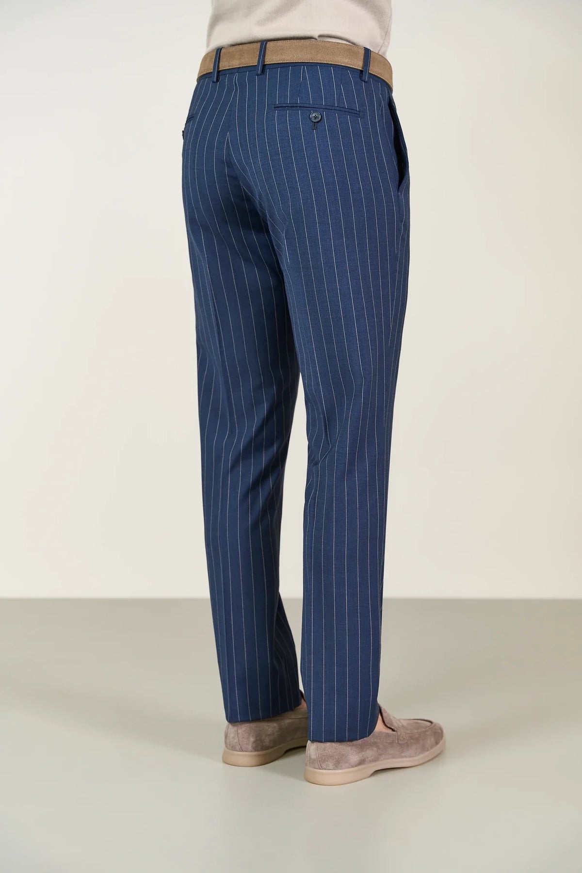 Custom fit blue pinstriped wool canvas suit