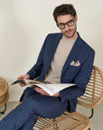 Custom fit blue pinstriped wool canvas suit