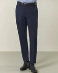 Blue double-breasted suit with peak lapels and custom-fit stretch fabric