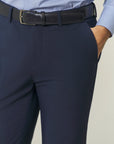Blue double-breasted suit with peak lapels and custom-fit stretch fabric