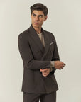 Brown double-breasted suit with peak lapels and slim fit stretch fabric