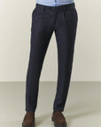 Blue pinstriped suit with peak lapels in custom-fit virgin wool flannel