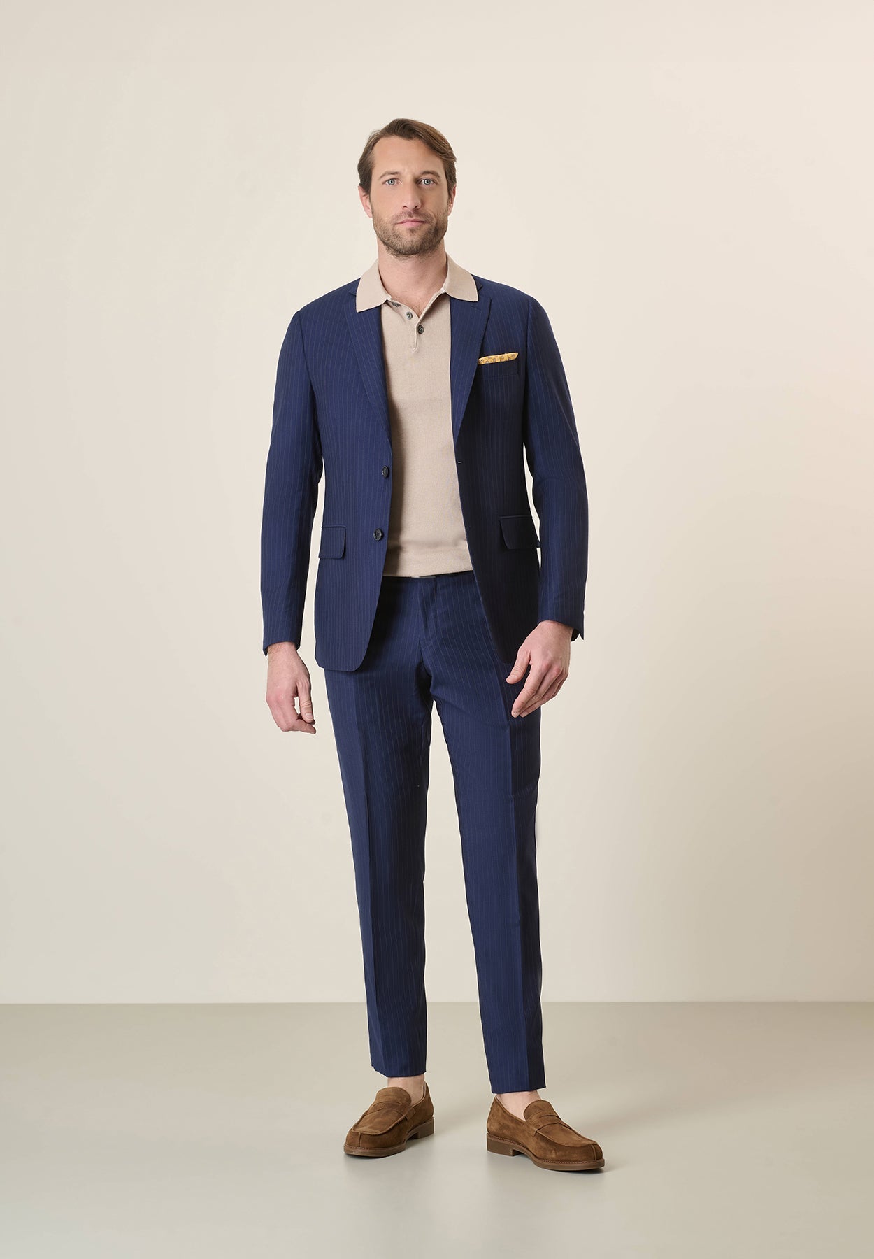 Abito blu gessato marrone lana custom fit-Angelico