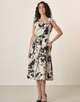 Beige Dress With Black Flowers And Stretch Cotton