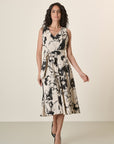 Beige Dress With Black Flowers And Stretch Cotton