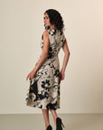 Beige Dress With Black Flowers And Stretch Cotton
